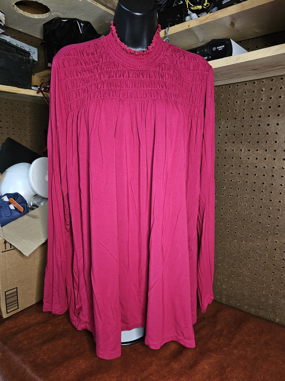 Susan Graver Womens Smocked Long Sleeve Tunic Top Burgundy 1X Mock Neck Peasant